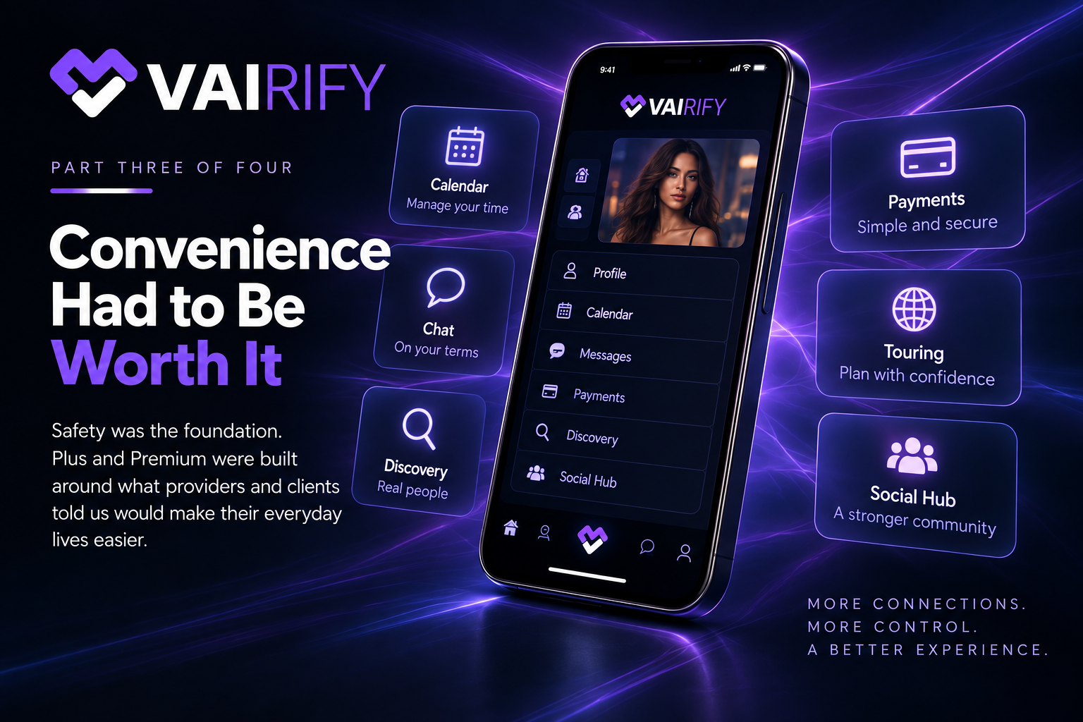 The VAIRIFY app surrounded by calendar, payment, chat, discovery, touring, and Social Hub tools