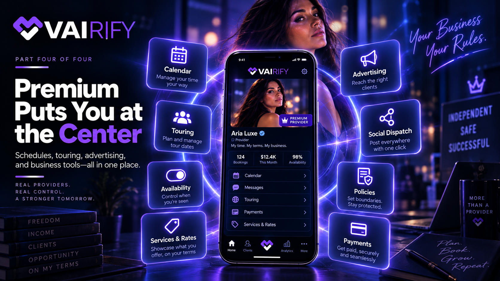 VAIRIFY Business business tools, including Calendar, Touring, Advertising, and Payments
